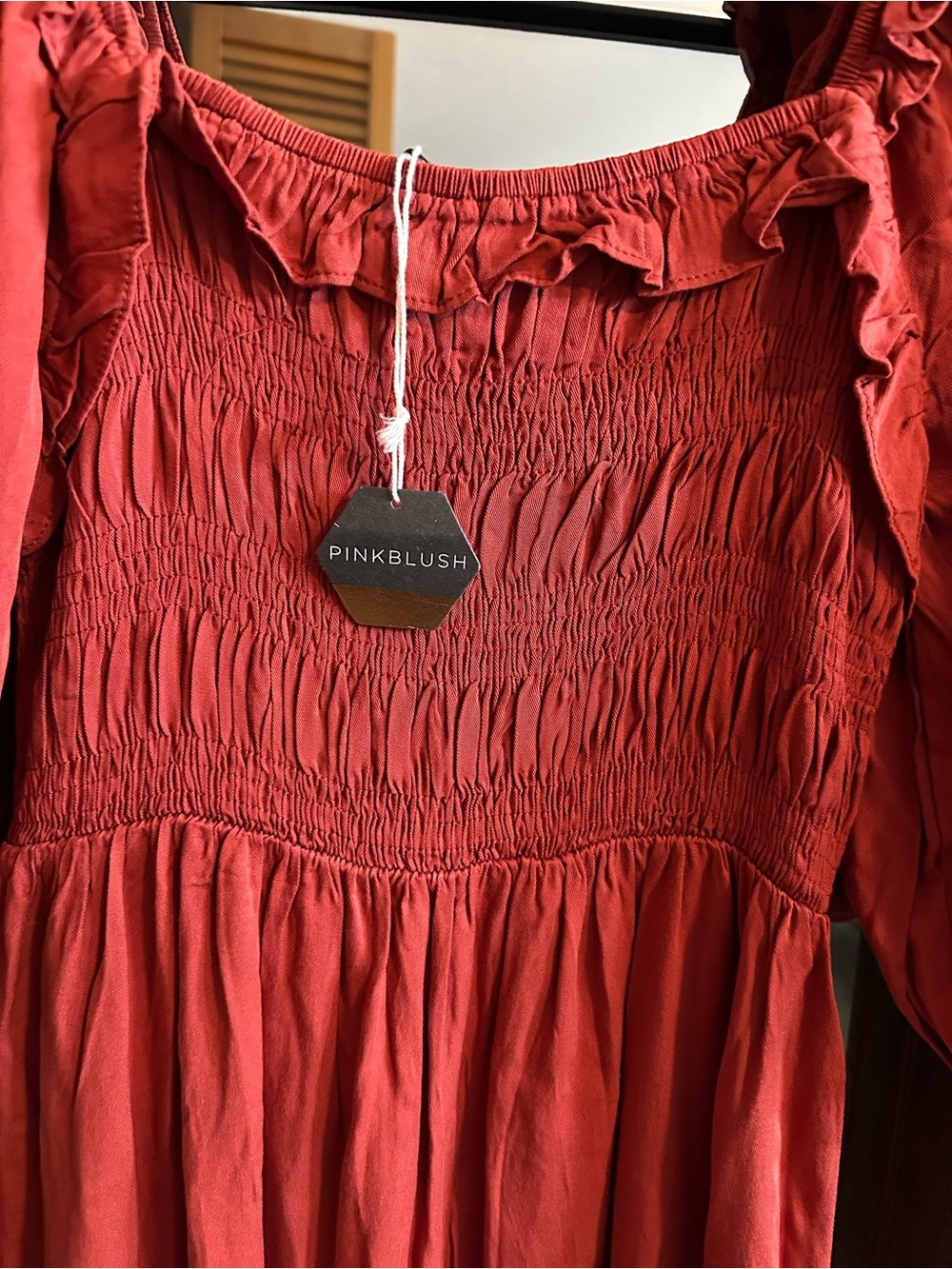 Pinkblush Rust Smocked Midi Dress Puff Sleeve Cottagecore Boho Prairie Sz S NWT - Picture 3 of 5